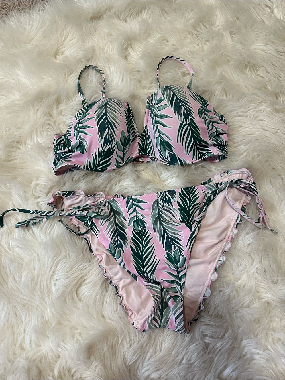 Shade & Shore Pink Bikini with Green Tropical Leaf Trim top 36C bottoms XL